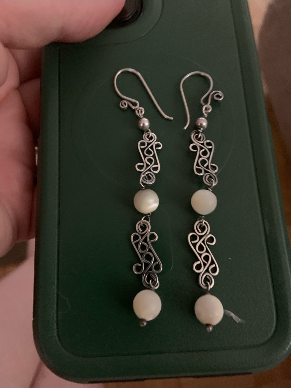 Sterling Silver Filigree Drop Earrings with Cream Beads
